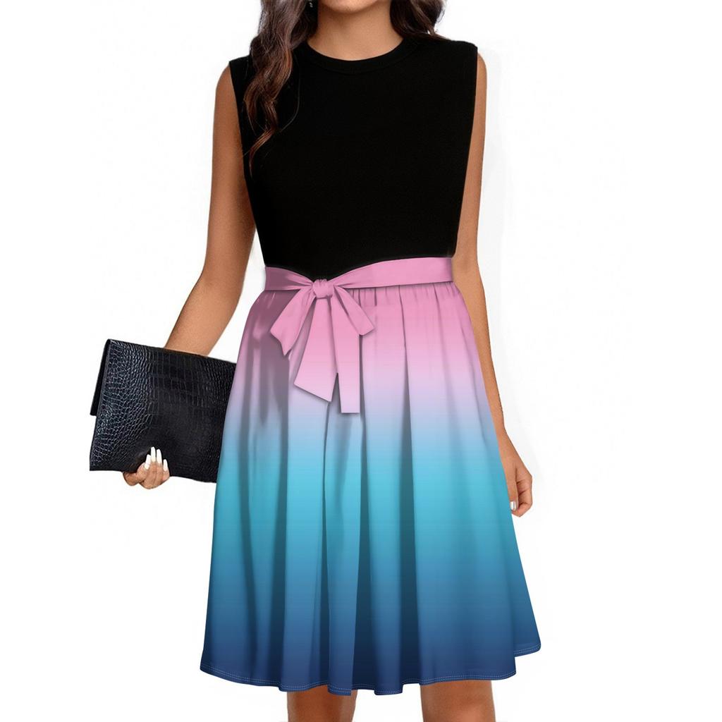 Women's Fashion Casual Lace-up Sleeveless Round Neck Splicing Short Dress