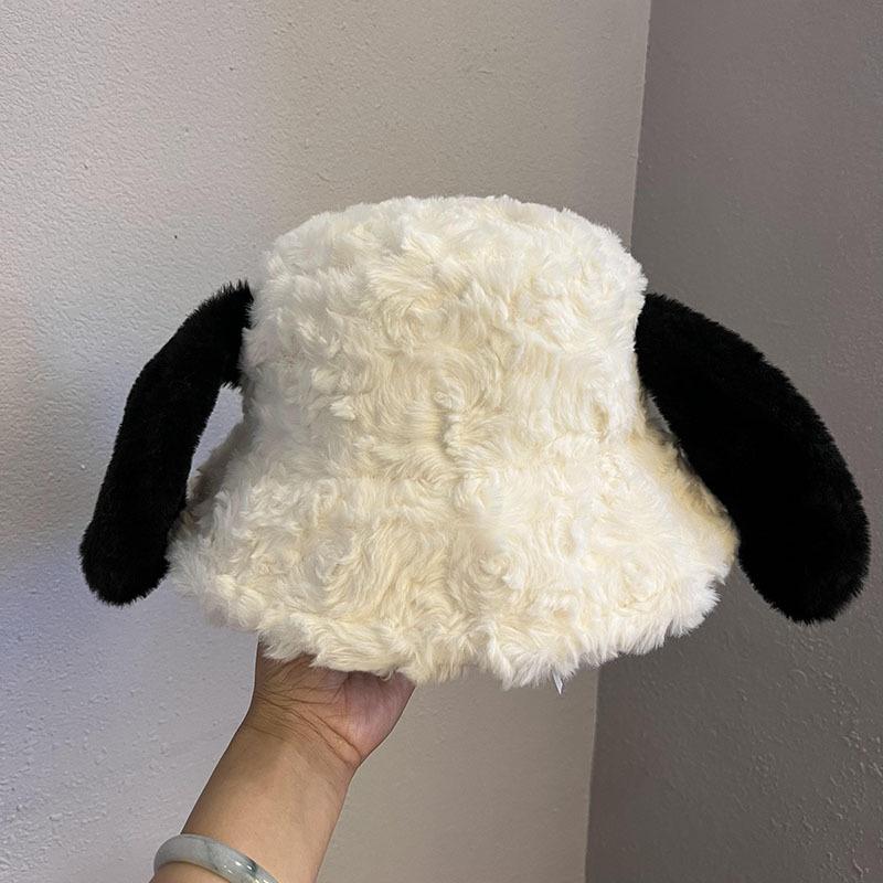 Puppy Ears Bucket Hat Female Autumn and Winter Big Head Circumference Plush Bucket Hat Cute Face Small Warm Hat