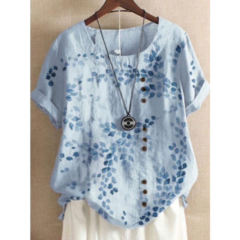 Summer New Style Printed Round Neck Pullover Short Sleeve Casual Fashionable Loose and Versatile Women's Clothing