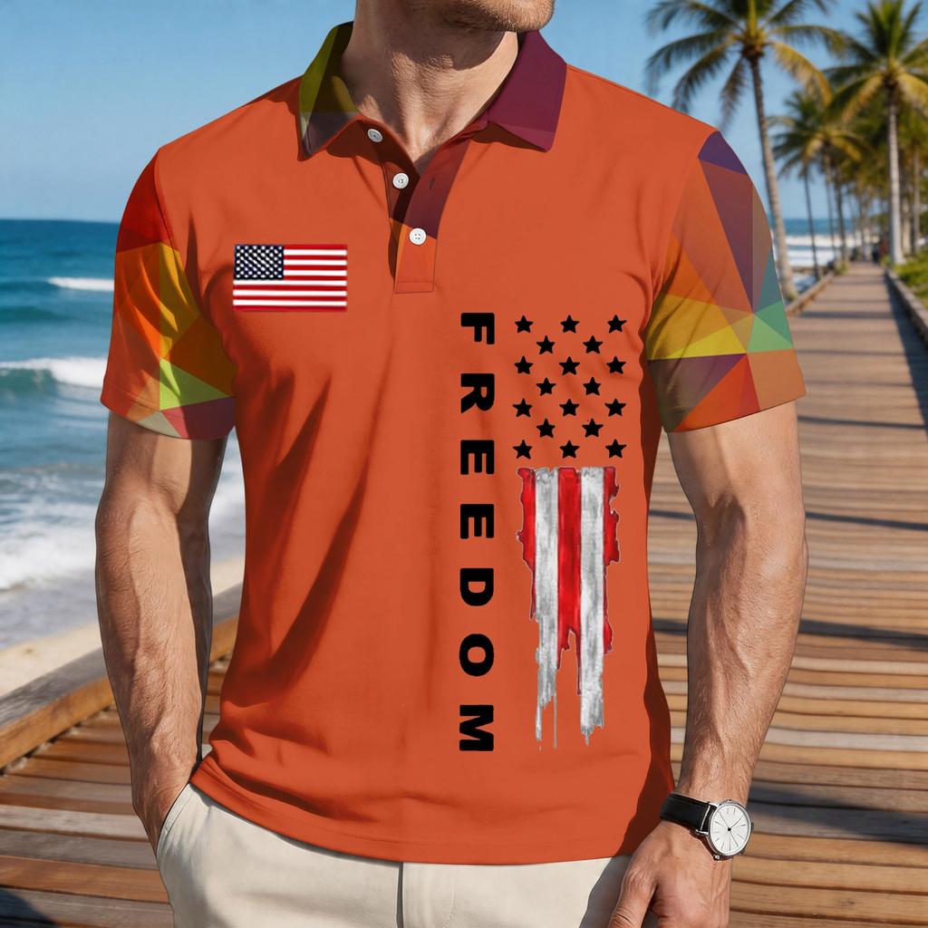 Men's Loose Fit Casual Short Sleeve Polo Shirt with Flag Print and FREEDOM Text Pattern Lightweight Breathable Summer Top
