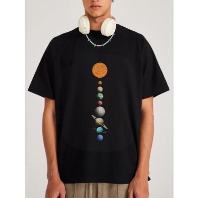 Sein-und-Ihr Schwarzes T-Shirt Sonnensystem Planeten Druck Lässige Streetwear Mode Top für Alltagskleidung und Ausflüge