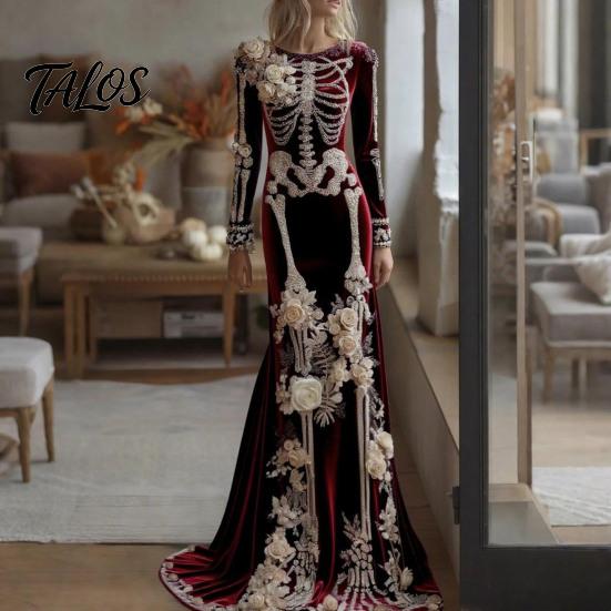 Disfraz Cosplay de Halloween para Mujer con Estampado de Esqueleto Vestido Largo, Vestido Largo Gótico con Mangas Largas y Decoración de Flores 3D para Actuación en Escenario, Terciopelo Floral para Fiesta