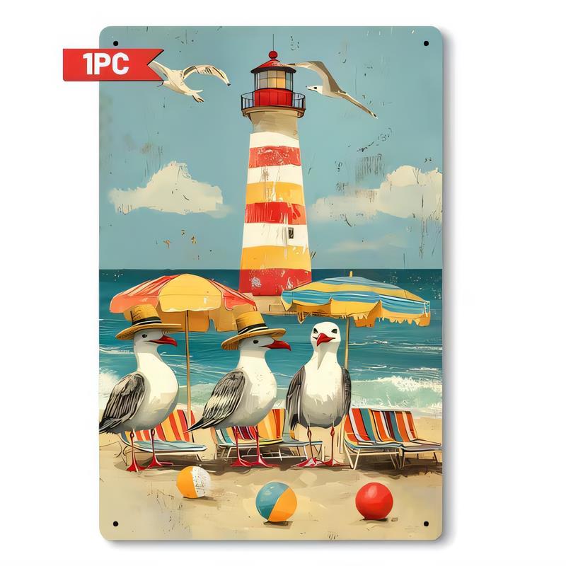 Tin Sign Seagulls At Beach Lighthouse Retro Vintage Metal Poster Wall Art PC Summer Coastal Nautical Decor for Home Bar Pub Gar