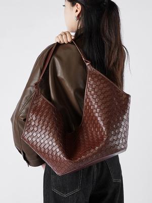 Leather Large Capacity Bag For Women New Style Bags Fashionable And Stylish Cowhide Woven Pattern Women's Class Commuting Bag
