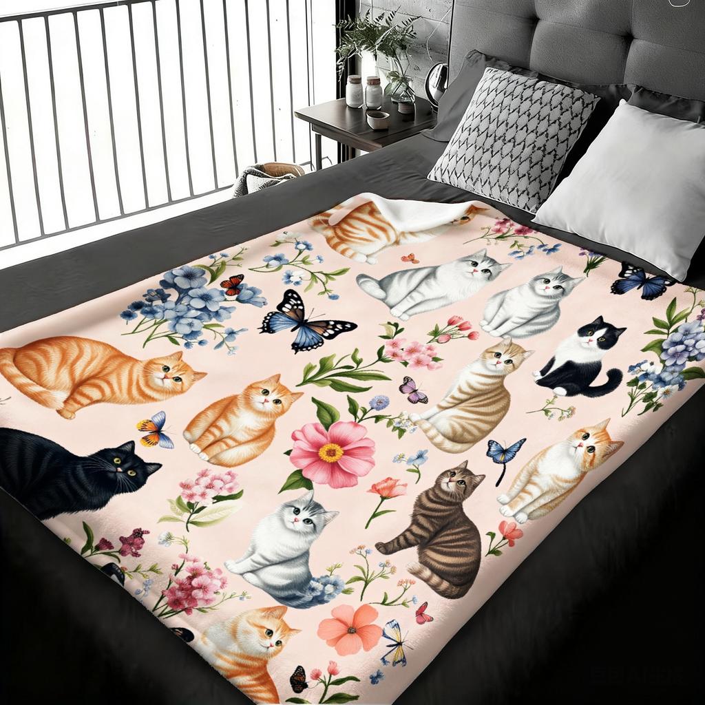 Cat, Floral, and Butterfly Art Pattern Decorative Throw Blanket for Sofa, Bed, Living Room, and Home Space Styling