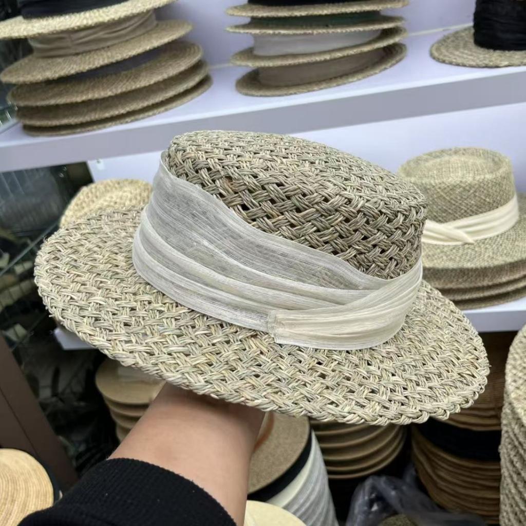 Silk hemp summer new fashion elegant salty grass flat top straw hat outdoor sun protection sunshade wide brim beach hat