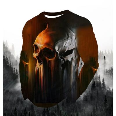 Schädel-Horror-Halloween-Muster Herren Street Langarm T-Shirt Frühling und Herbst 3D-Druck Mode lose Herren Casual Tops