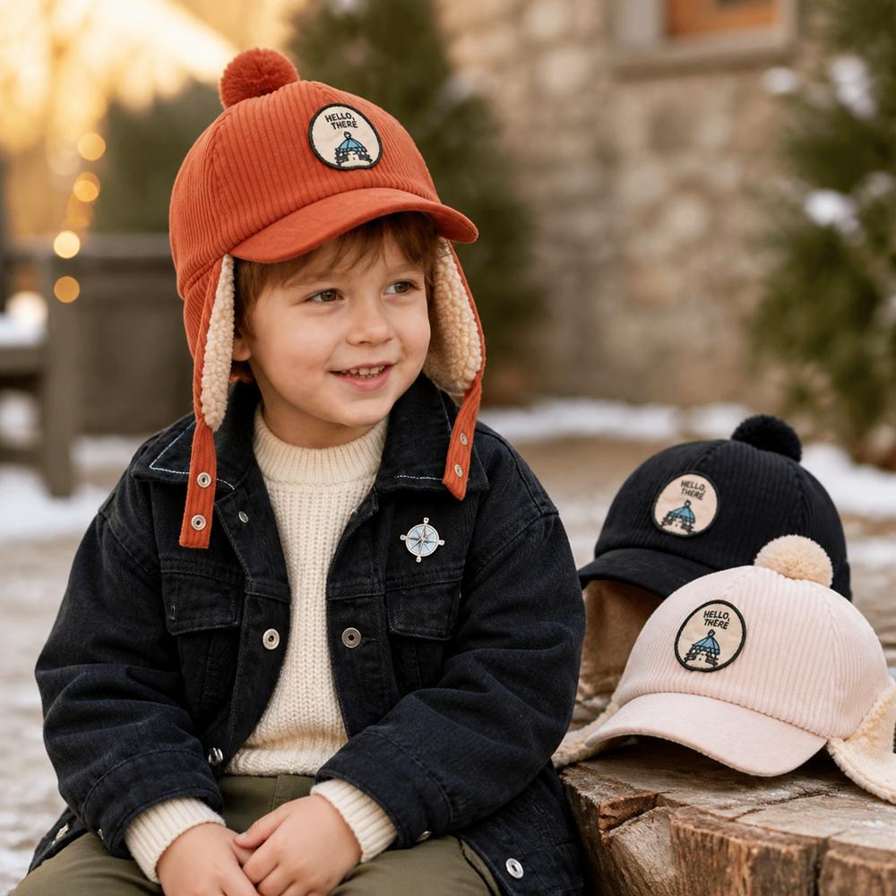 Faux Lamb Fleece Lining Children's Earflap Hat Solid Color Baby Warm Hat For Boys And Girls