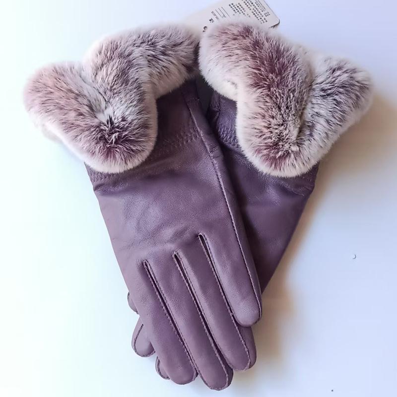 Women Winter Genuine Sheepskin Leather Glove With Rex Rabbit Fur Cuff Warm Winter Female Genuine Leather Gloves Hand Warmer
