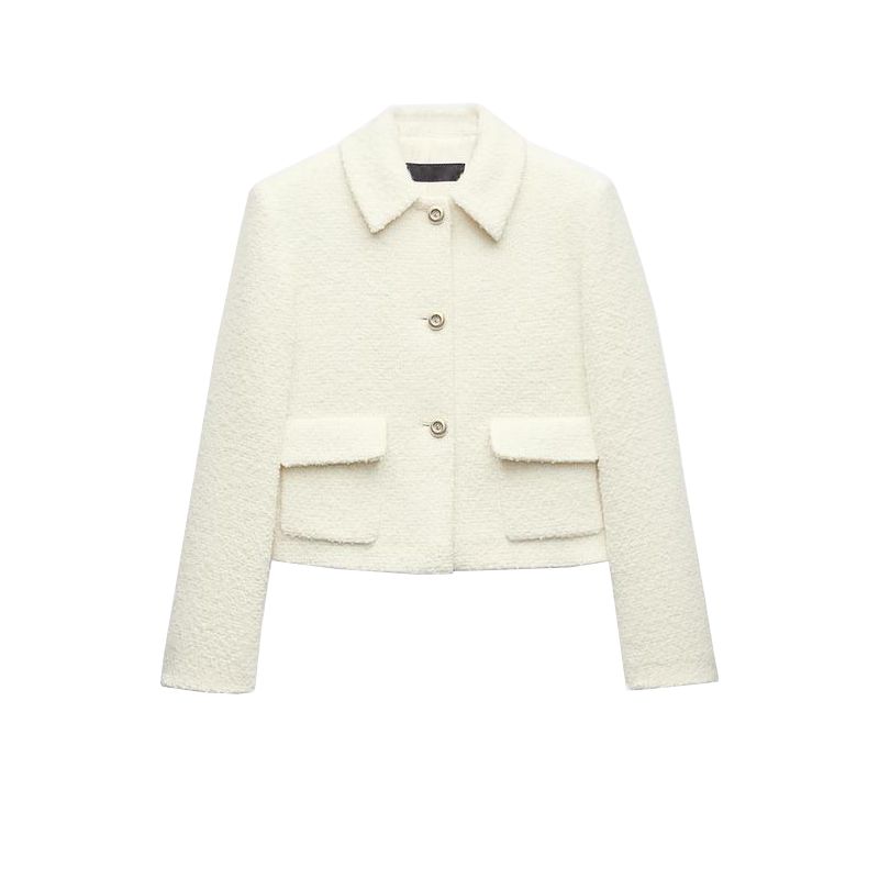 

Весна Новая Женская одежда Изящный Бисером Кожаный Шерстяной Простой Современный Модный Лацкан Короткое пальто 2133104 raw white L