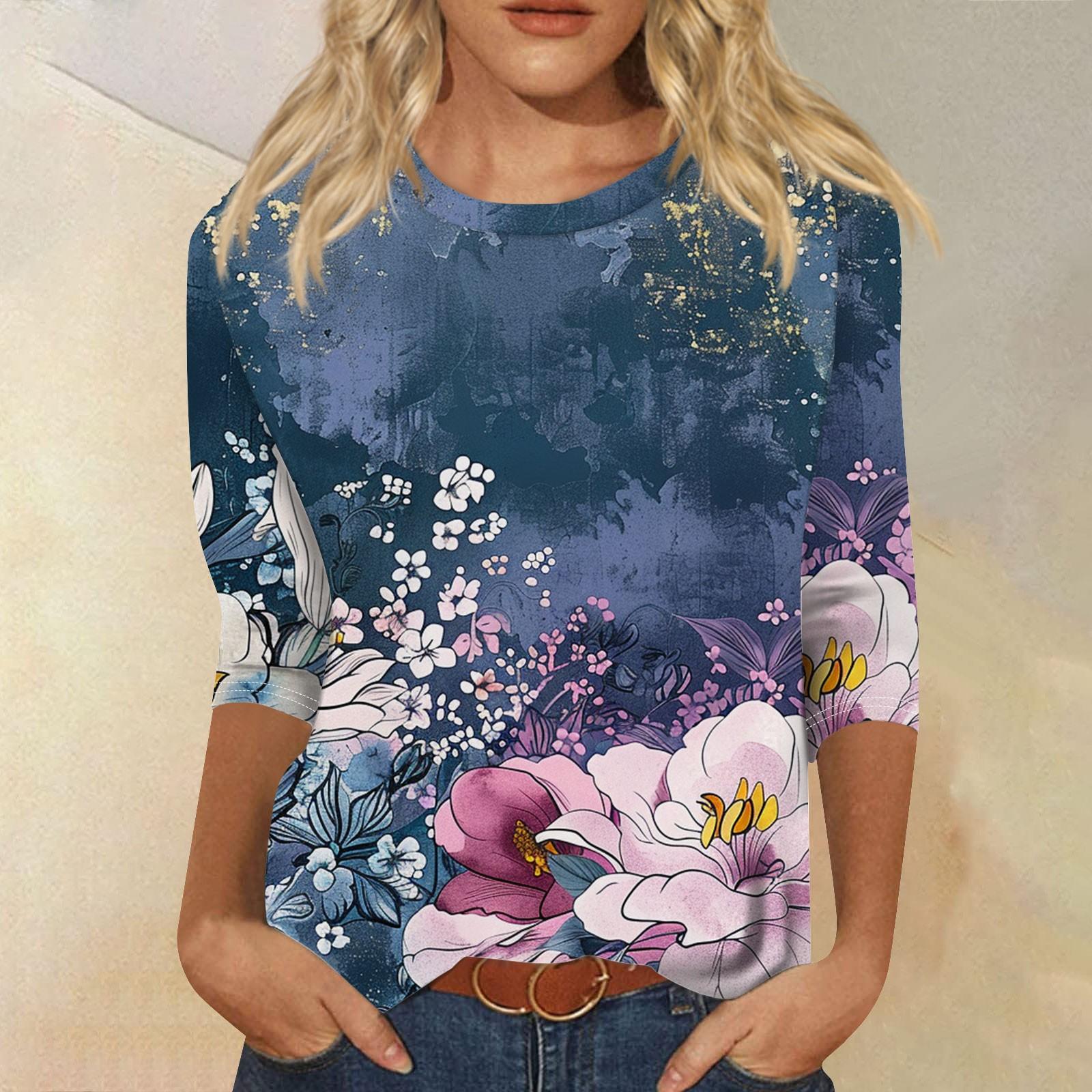 

Круглый вырез с 3D цветочным принтом, модные и повседневные женские футболки с длинными рукавами 5XL