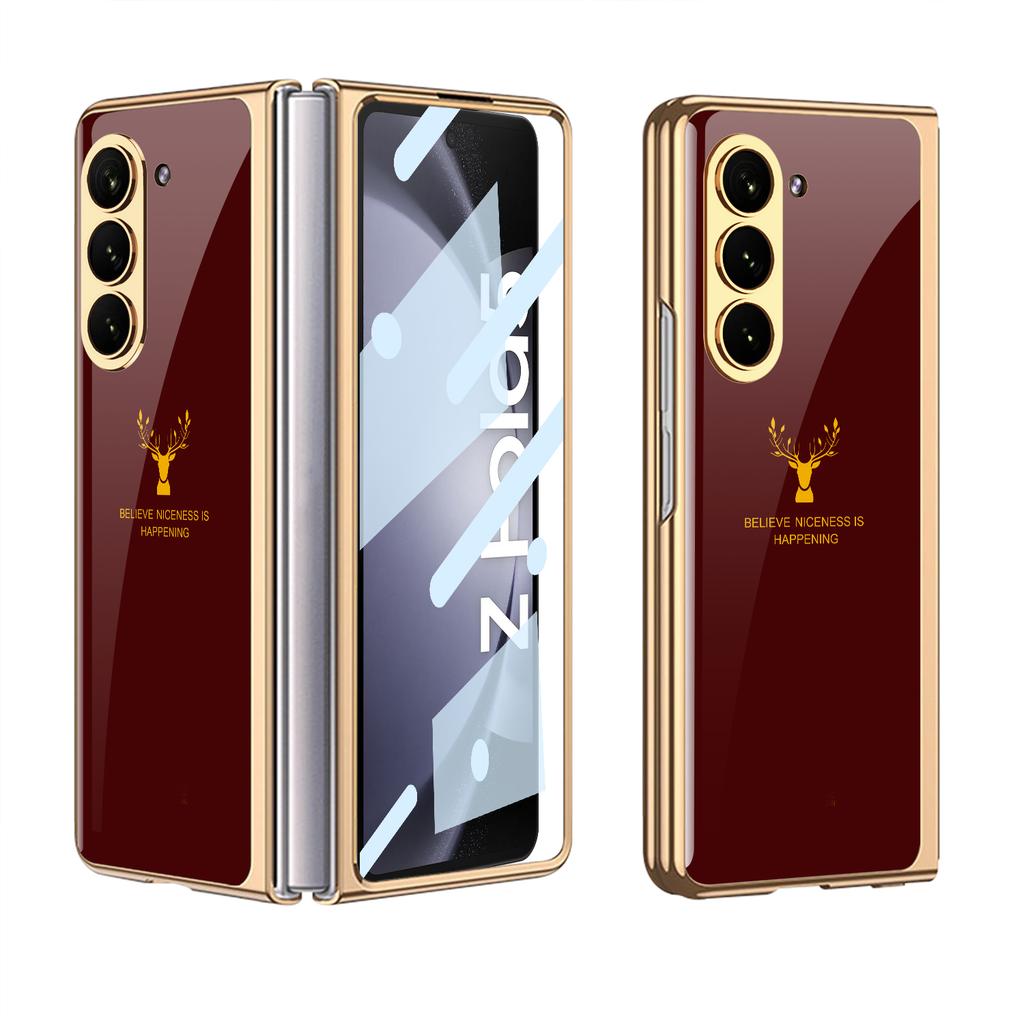 Luxury Plating Screen Glass Case For Samsung Galaxy Z Fold 7 6 5 Case Back Painted Pattern Glass Plastic Cover For Galaxy Z Fold 6