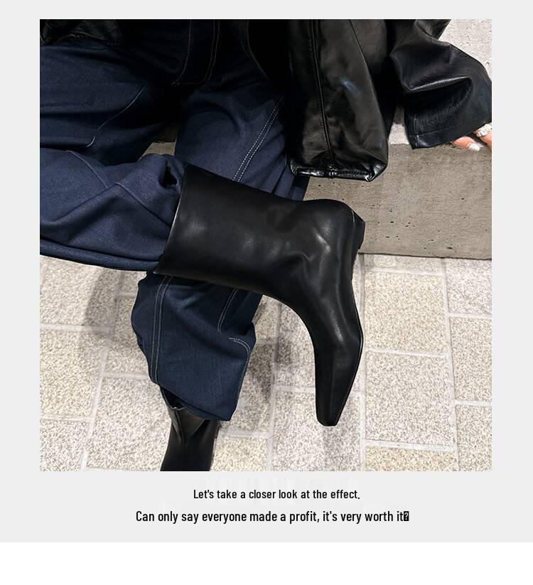 British-Style Ankle Boots - Autumn 2024 Cowhide Square Toe, Low Heel, Slim European-American Workwear