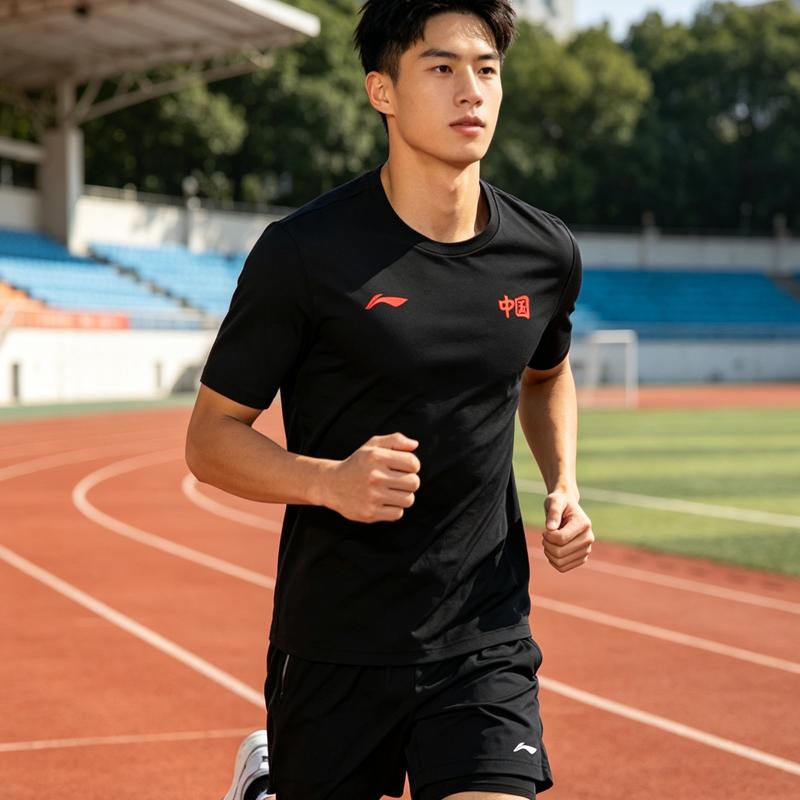 Li-Ning Summer Mens Comfortable Versatile Simple Round Neck Pullover Breathable Skin-Friendly Casual Sports Suit Unisex suit Black AHSVE27-1+YATV113-1