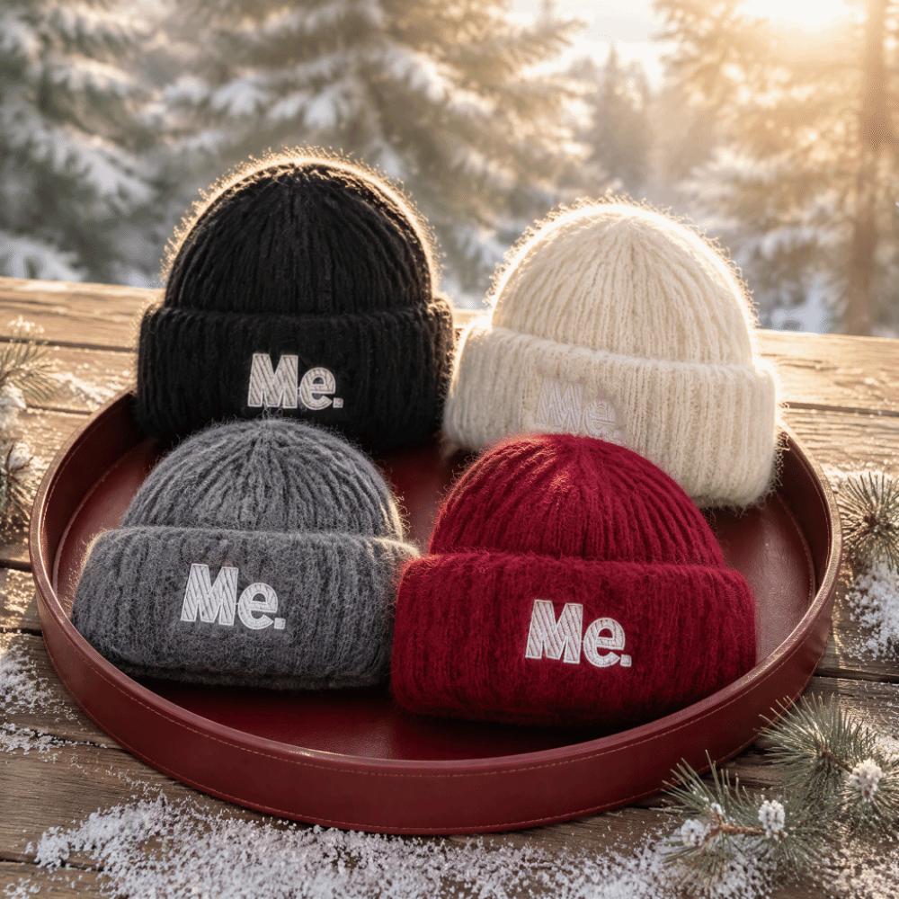 Embroidered Letters Winter Beanie Hat Solid Color Warm Hat Stylish Pullover Hat  For Women