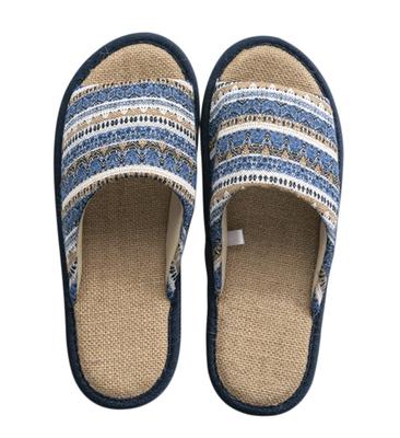 Ethnic Print Cotton Linen Front Indoor Shoes for Men and Women [Euyqs] Slippers, Opening, Summer, Natural, Anti-Slip, Quiet, (25.5-26.5 Cm, Navy,