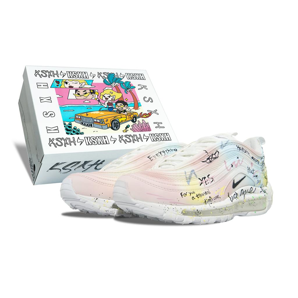 Nike Air Max 97 Abrasion Resistant Low top Running Shoes Unisex White Pink Blue 921826-101(Team252-)