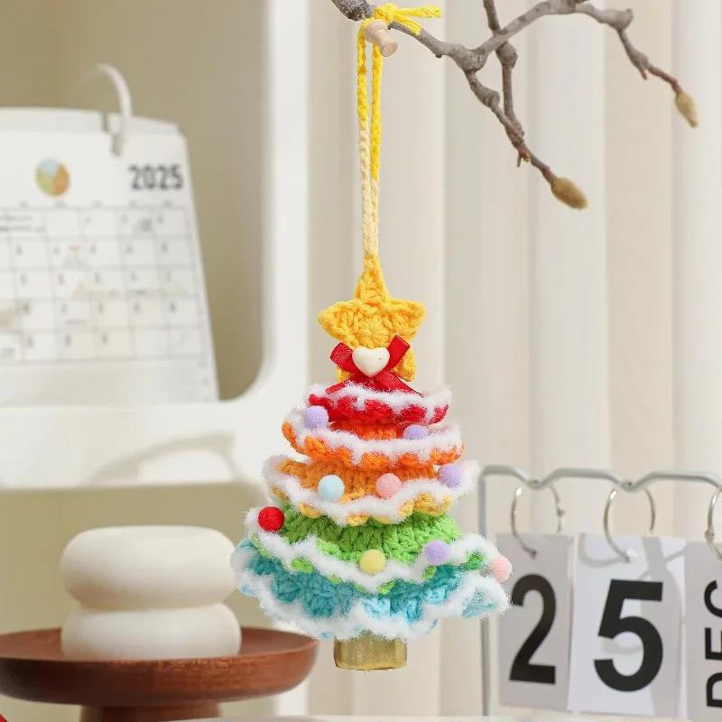 Knitted Christmas Tree with Jingle Bell Plush Christmas Hanging Pendant Wool Crochet Tree for Christmas Party Decor