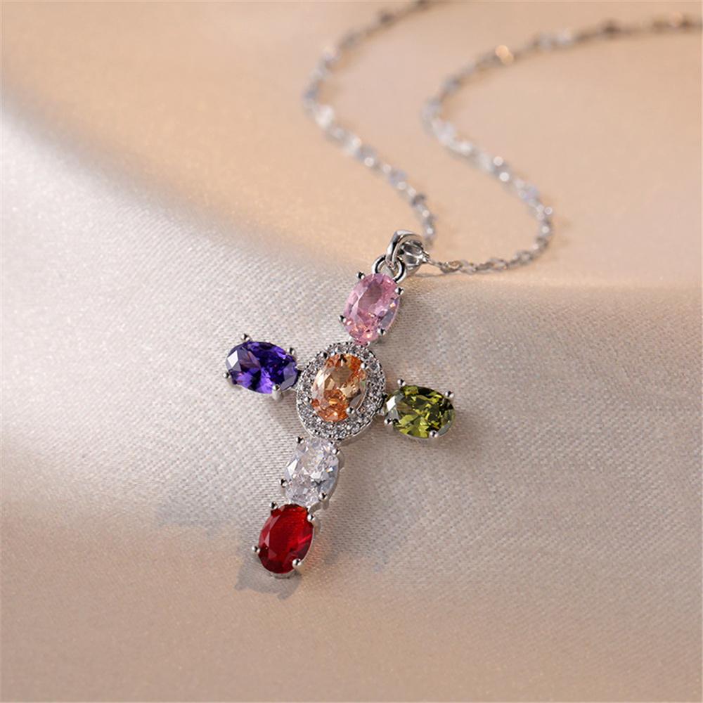 Luxury Female White Rainbow Zircon Stone Cross Pendant Necklace Vintage Gold Color Wedding  For Women