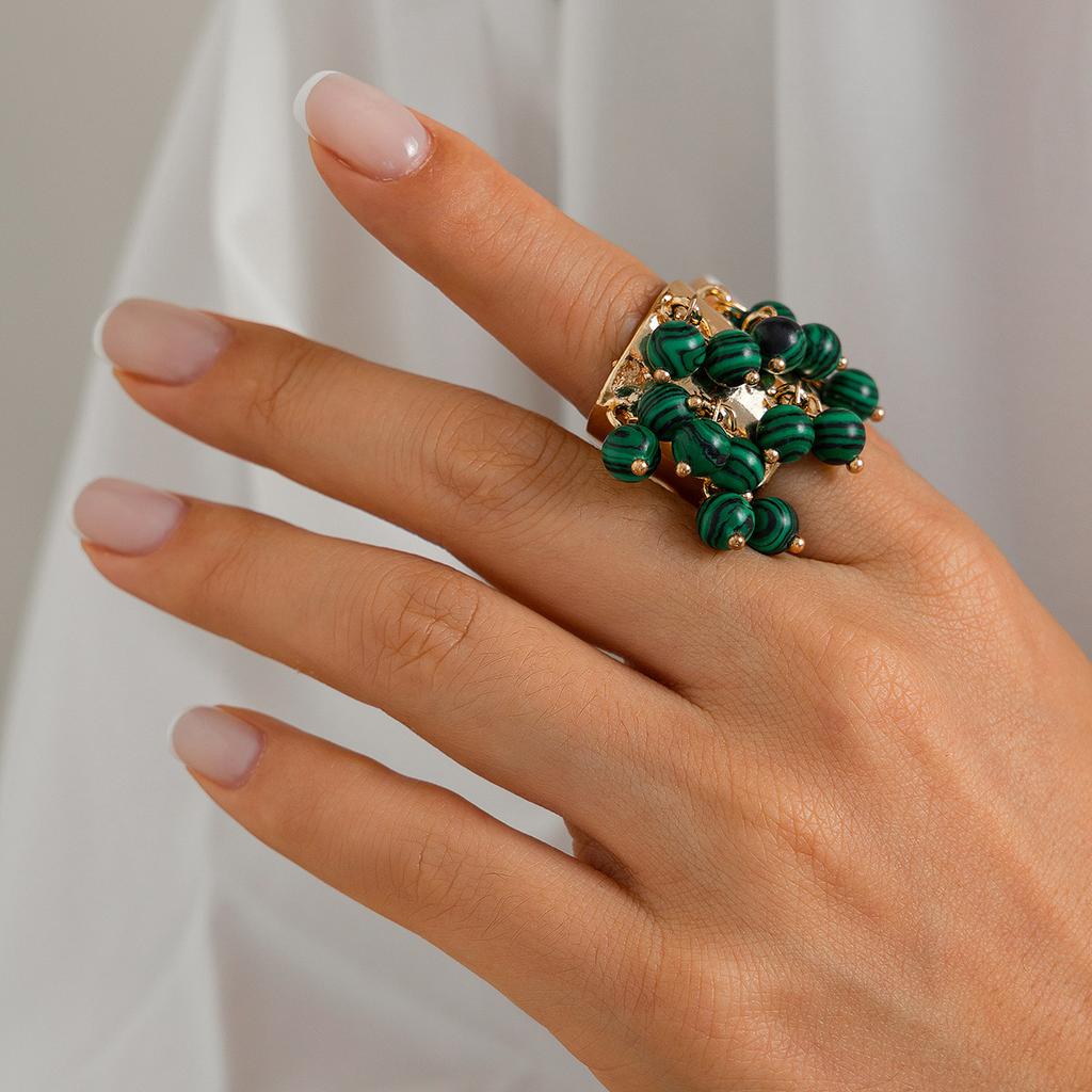 Exaggerated Retro Colored Gemstone Pearl Fringed Ring Female, Personalized Turquoise Love Ring Ring