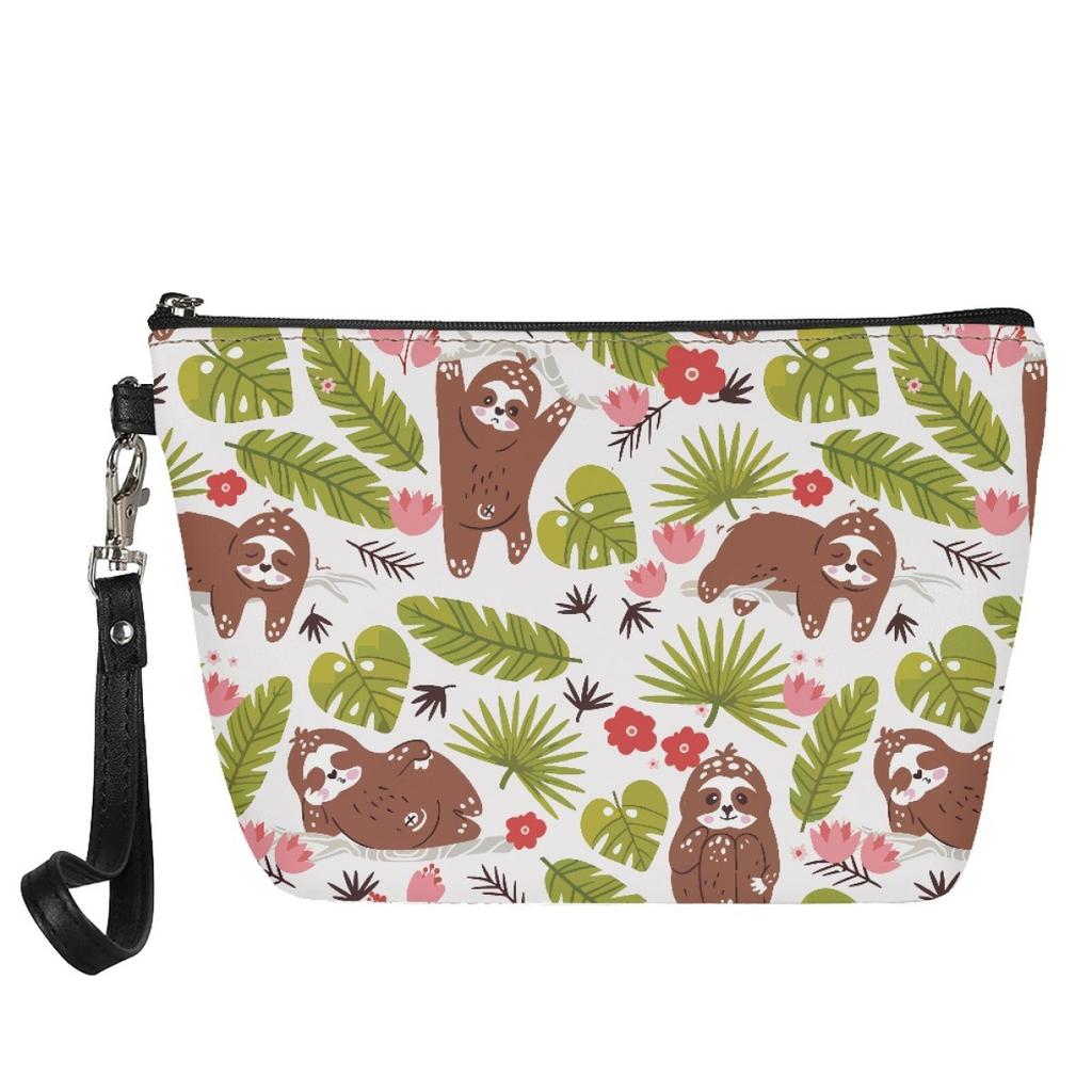 Ladies Custom Pu Cosmetic Bag Printed Sloth Picture On Both Sides Portable Travel Toilet Bag