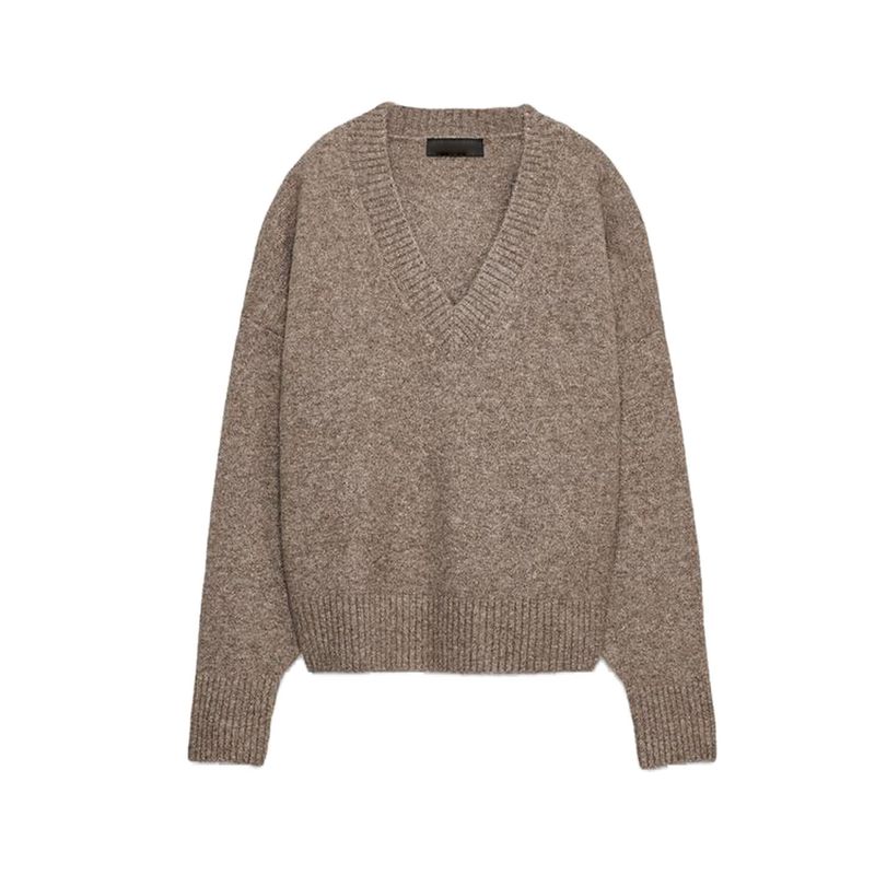 Fall New Women's Clothing Rib Trim Wool Blend Soft V-neck Long-Sleeve Knitwear Tops 2142162