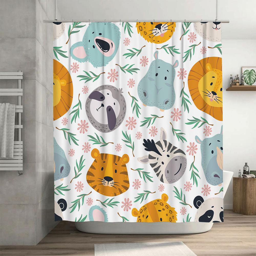 Animal Print Shower Curtain Multicolor Animal Design Bath Decor with Hooks for Home Decoration (White)