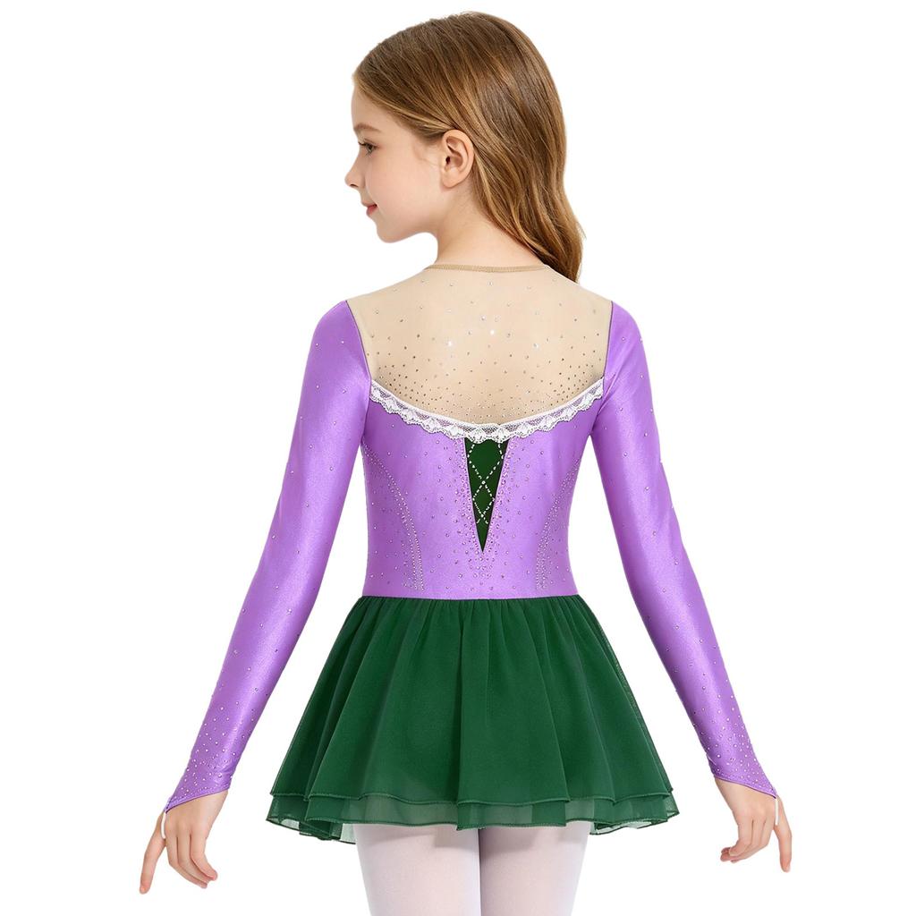 Girls Princess Costume Mesh Patchwork Long Sleeve Sparkly Rhinestones Lace Decor Contrast Color Dress
