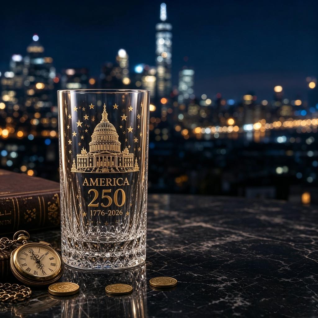 Commemorative 250th Anniversary Glass Tumbler Featuring Capitol Building Etching and Star Pattern Suitable for Collectors and Everyday Use