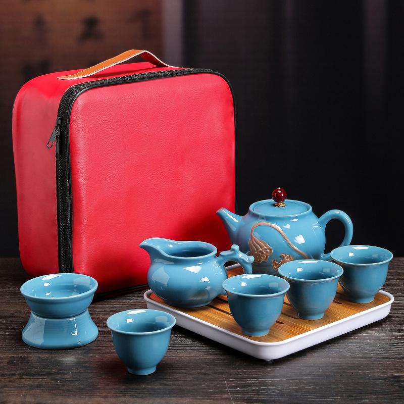 Travel Tea Set, Portable Storage Bag, Creative Ceramic Kung Fu Teapot, Tea Tray, Complete Set of Business Gifts