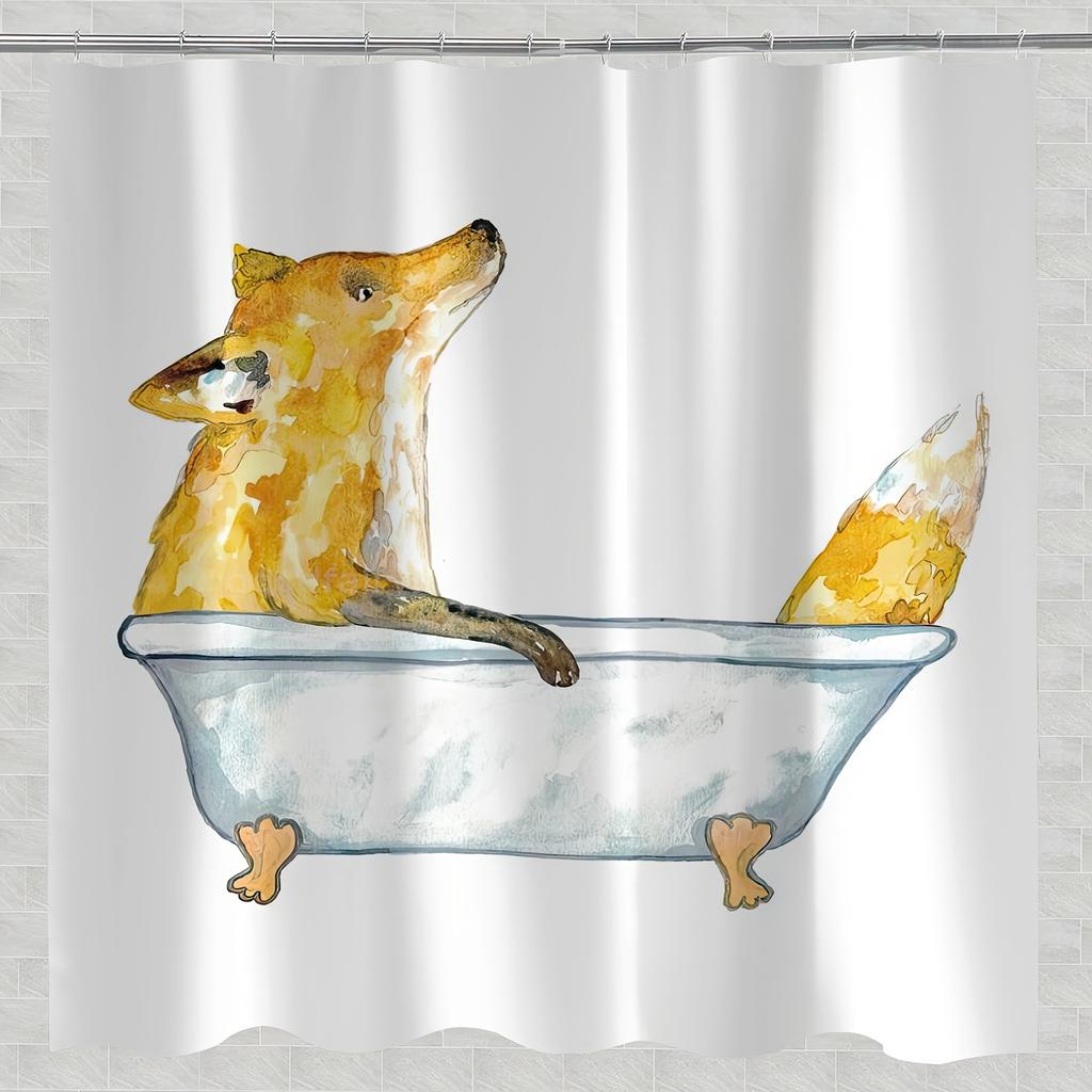 Whimsical Cartoon Fox Shower Curtain - Watercolor Print, Vibrant Colors, Machine Washable, Includes Hooks, All-Season Use