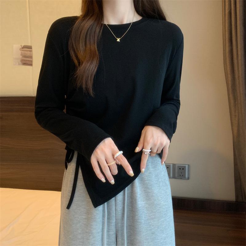 

Women Irregular Drawstring T-Shirt Solid Color Round Neck Long Sleeve Pullover Tops M чёрный