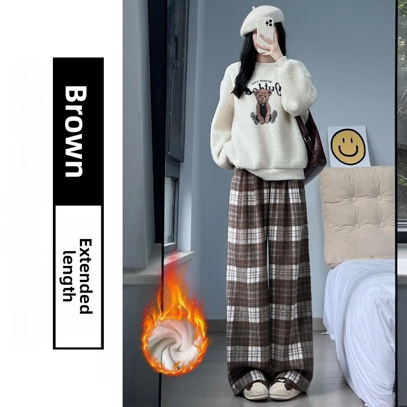 

Женские осенне-зимние шерстяные клетчатые брюки с высокой посадкой и широкими штанинами, повседневные универсальные, повседневные с плюшевыми брюками XL