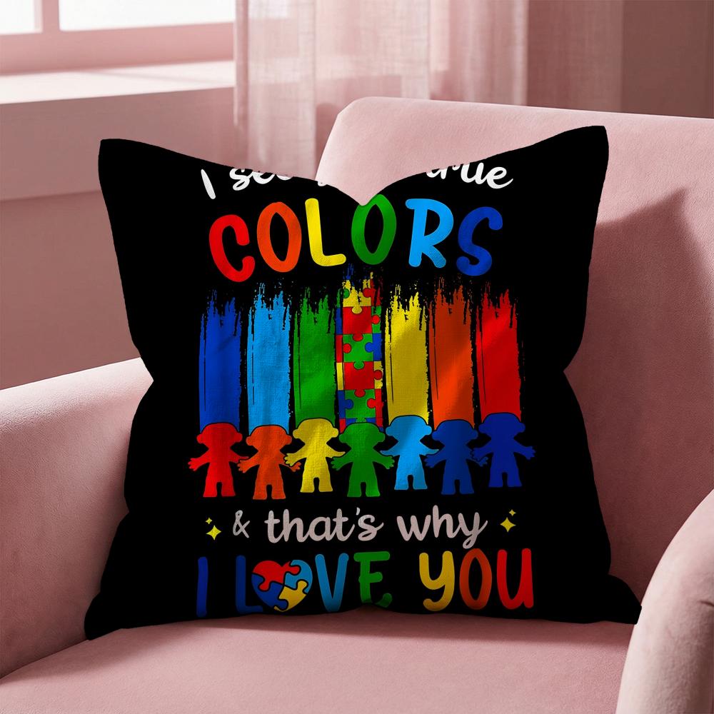 Autism Support Puzzle Cushion Cover Multi-Scene Pillow Cover for Home & Car - Reversible, Soft & Durable for Daily Use