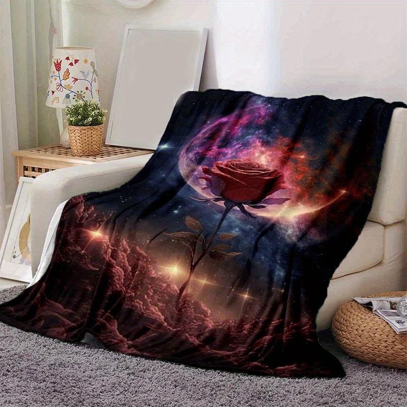 1pc Rose Universe Printing Lightweight Flannel Blanket, Comfortable and Warm Blanket, for Camping Sofa Bed and Couch Office, Gift