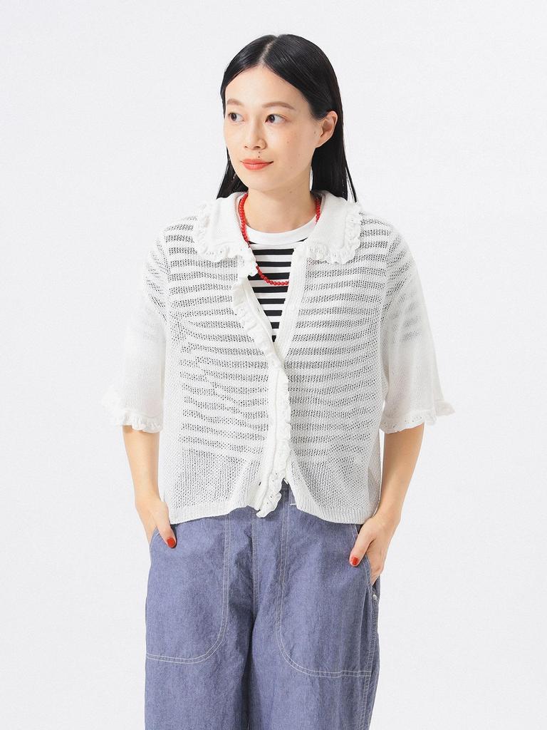 Beams Boy Damen 7-Gauge Rüschenstrickweste Polo-Cardigan, OFF_WHT, Einheitsgröße, 13050147126