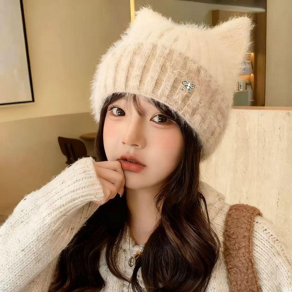 Cat Ear Shape Cat Ear Beanie Knitted Yarn Knitted Cat Hat New Knit Beanie Women's Winter Hat