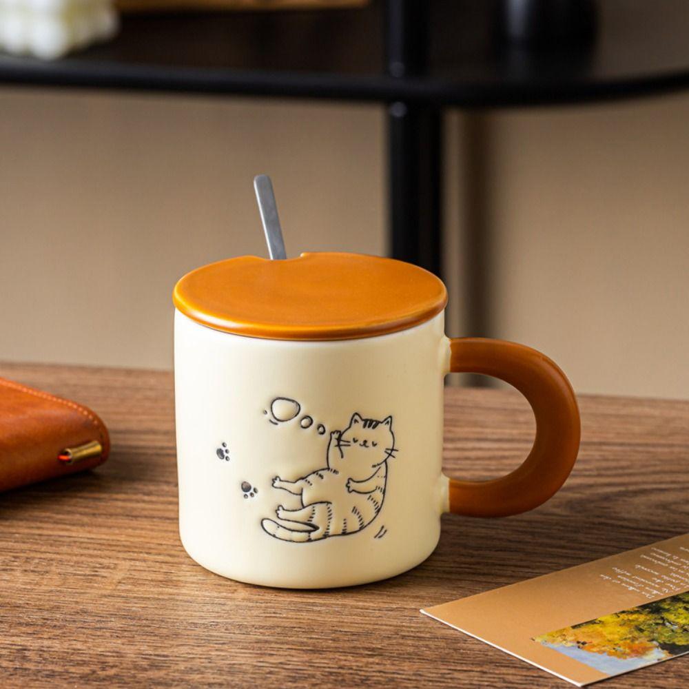 with Spoon Ceramic Coffee Cup Hand Drawn Cartoon Cat Drinkware  Valentine's Day Gift