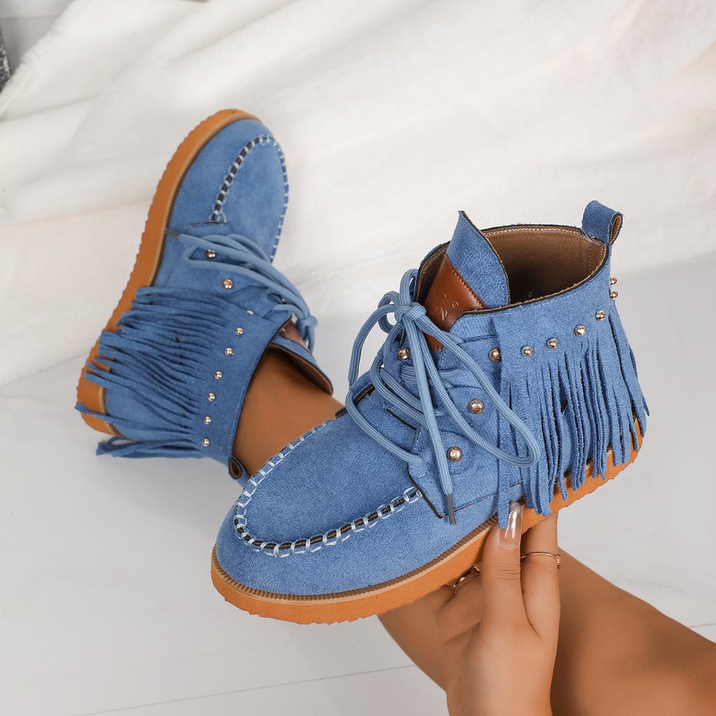 Mode Retro Westernstil Tofsar Cowboy Stövlar Kvinna 2024 Trend Nitar Snörning Platta Ankelstövlar Kvinnor Bekväma Mjuka Sula Stövletter