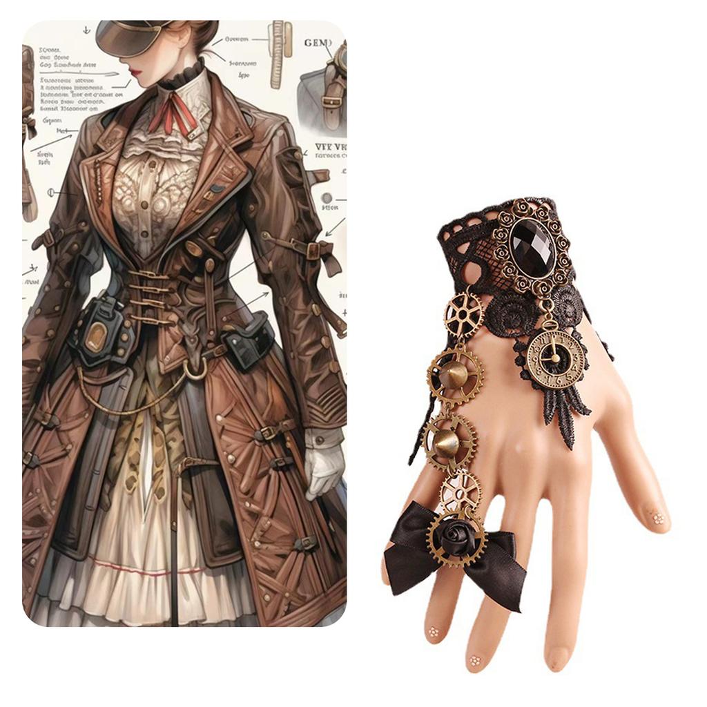 Women Bracelet Ring in 2 Colors with Gear Clock Wrist Guard and Adjustable Ring with Long Bracelet Women Cosplay Props