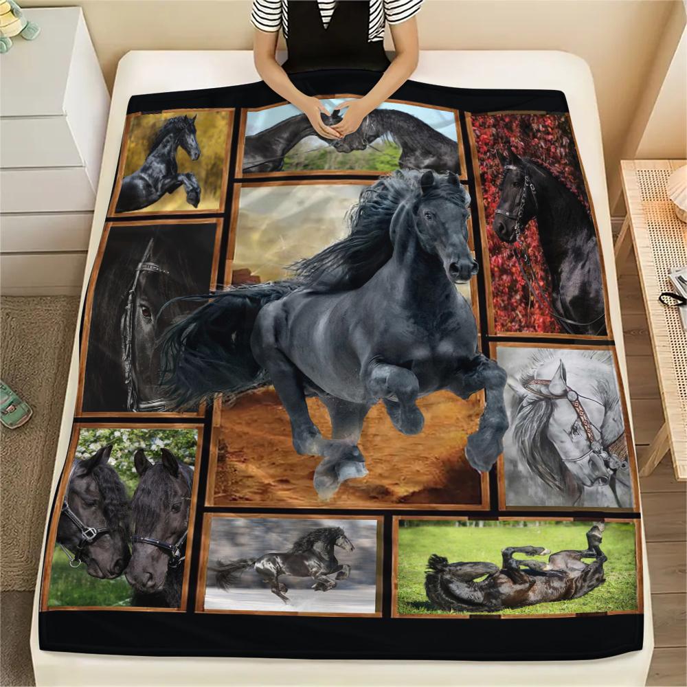 1Pc Horse Puzzle Print Flannel Blanket, High quality Comfortable for All Seasons, Home Decor, Warmth and Comfort, Perfect for Christmas Gifts