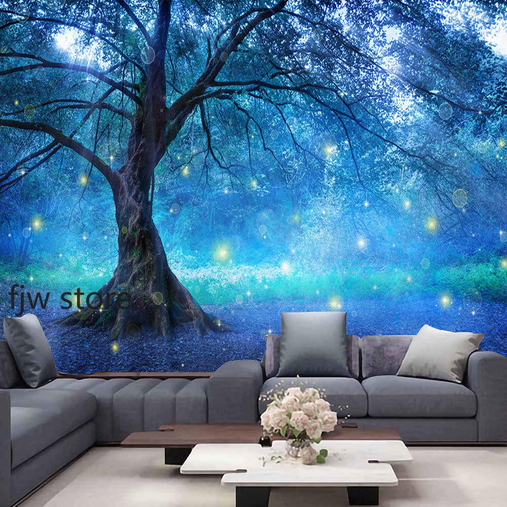 Home Decor Forest Night Ceiling Forest Tapestry Wall Hanging Psychedelic Tree and Moon Fabric Tapestry Tapiz