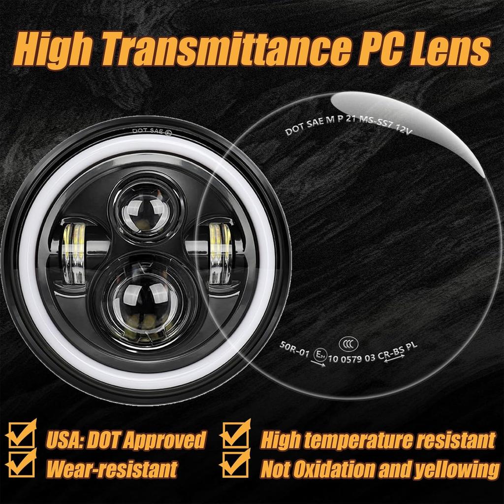 Ultra Brightness 7 Inch LED Headlight Round H6024 Halo Headlight 6500K Cool White Compatible with Motorcycle Jeep Wrangler JK TJ CJ Defender Mustang