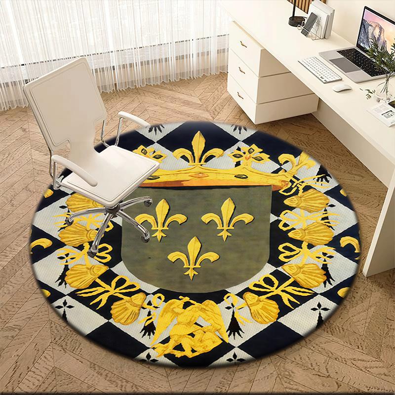 1pc Medieval royal coat of arms and iris Round carpet Painted Printed circular carpet, home door mat, outdoor travel protection carpet