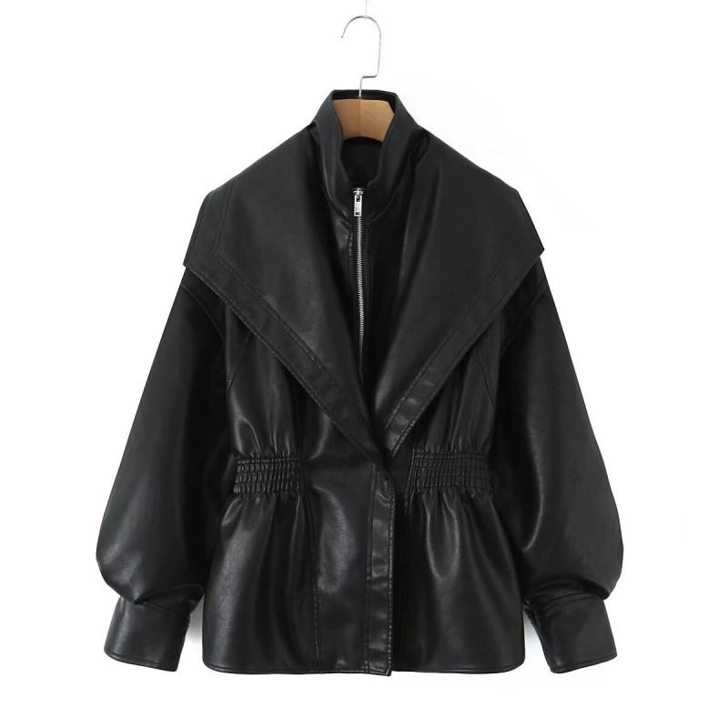 Chaqueta de Mujer para Otoño de Cuero Sintético Moderna Solapa Versátil Manga de Linterna Estilo Callejero Ropa de Abrigo