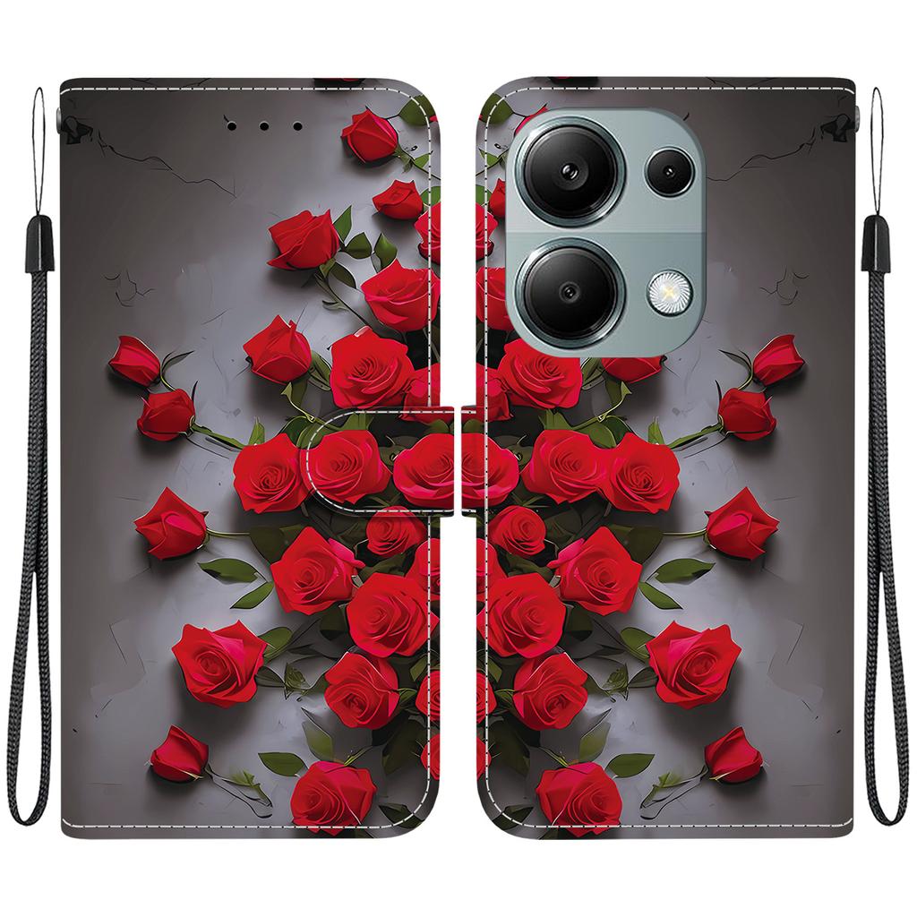 Handmade PU Leather Flip Case for Xiaomi Redmi Note 13 Pro 4G Anti-Slip Shockproof Cover with Wrist Strap & Heart/Rose Cat Designs