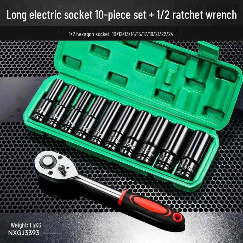 Extended Electric Socket Wrench Set with Large, Medium & Small Hexagonal Air Gun Heads for Auto Repair