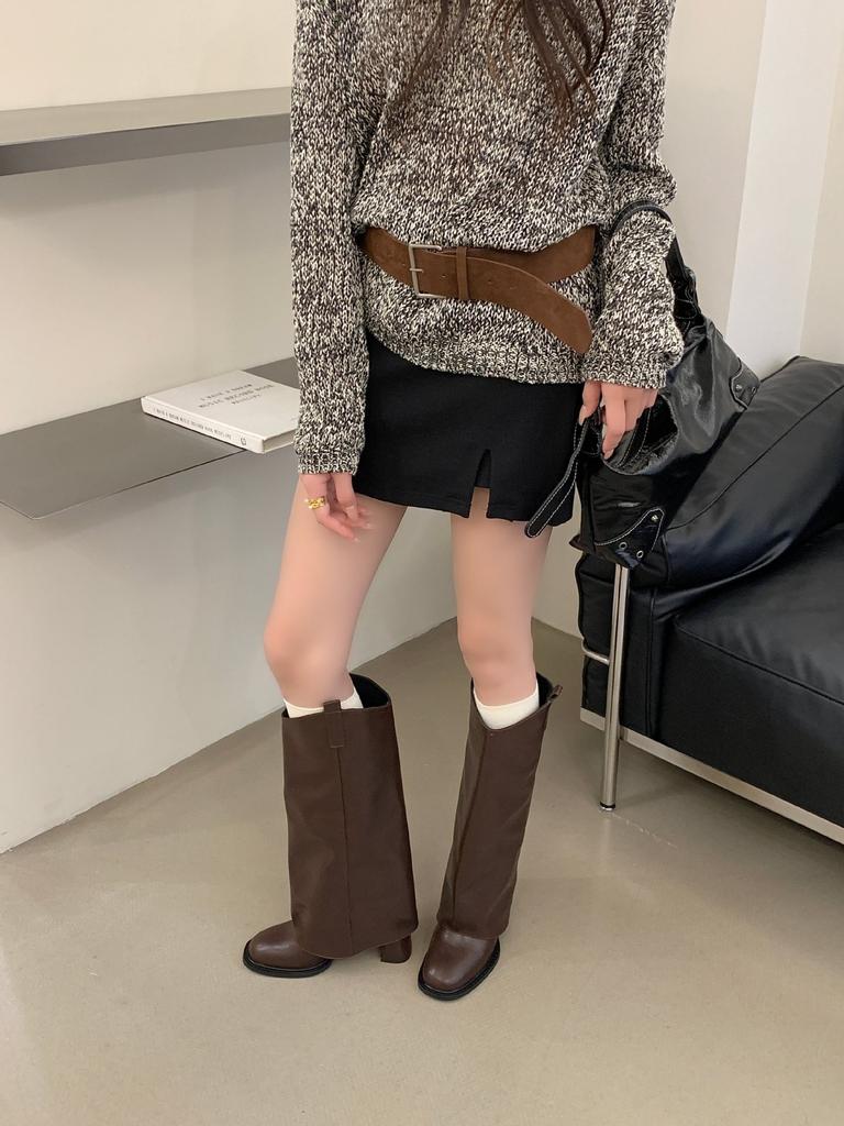 Maillard style brown retro thick heel short boots children's autumn new small thin pointed knight boots