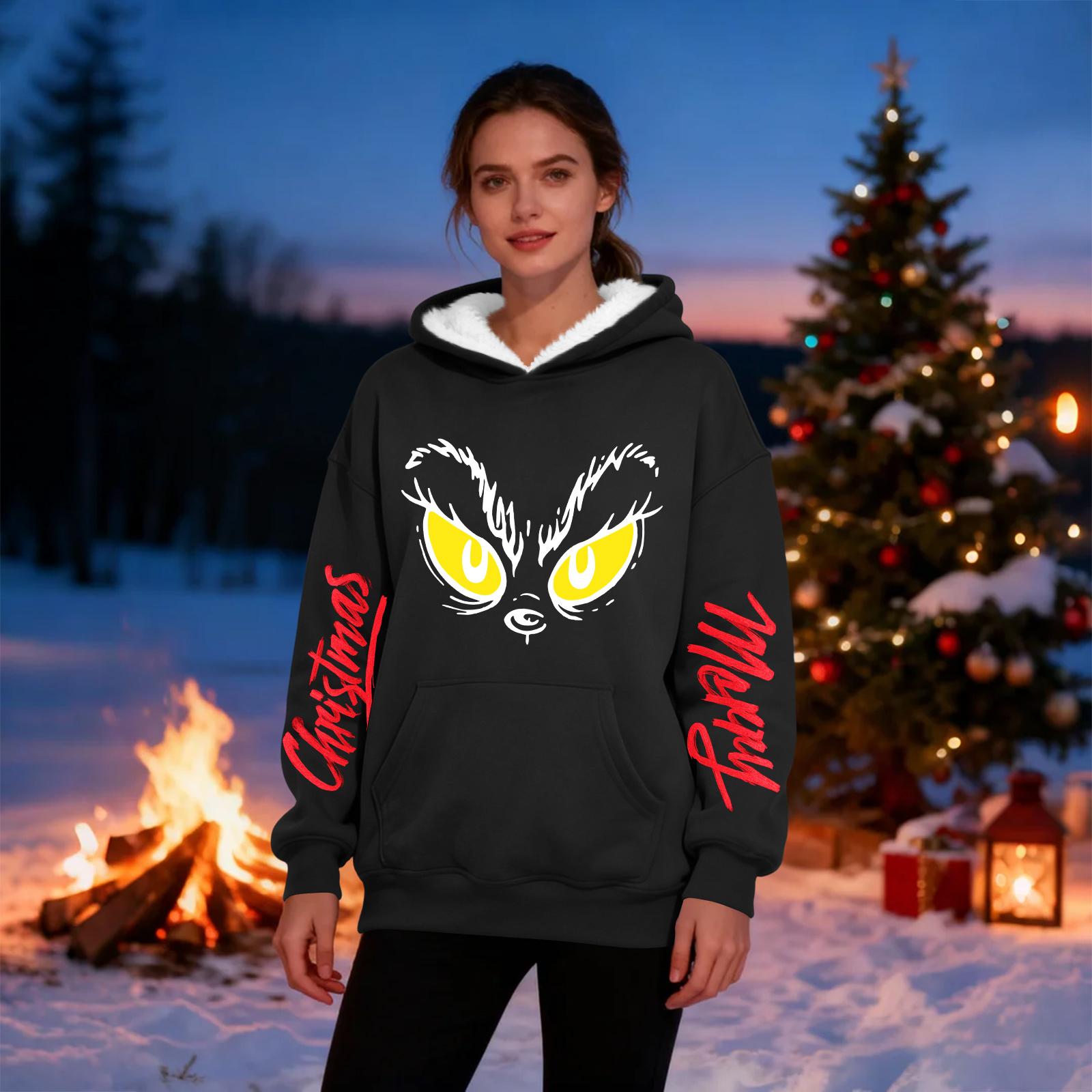 

Women s Casual Fashion Plus Velvet Thickened Christmas Print Hooded Sweatshirt XL чёрный