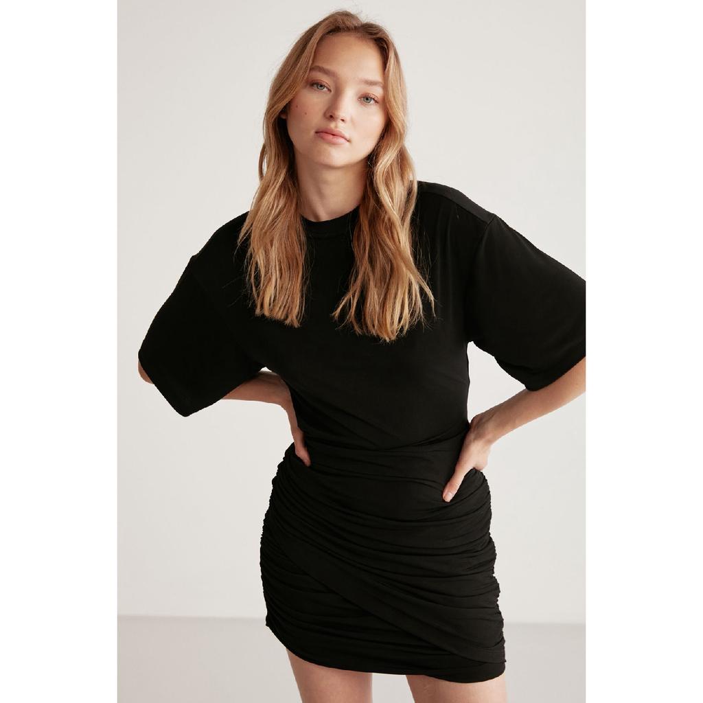 Zaya Women's Crew Neck Skirt Draped Black Dress